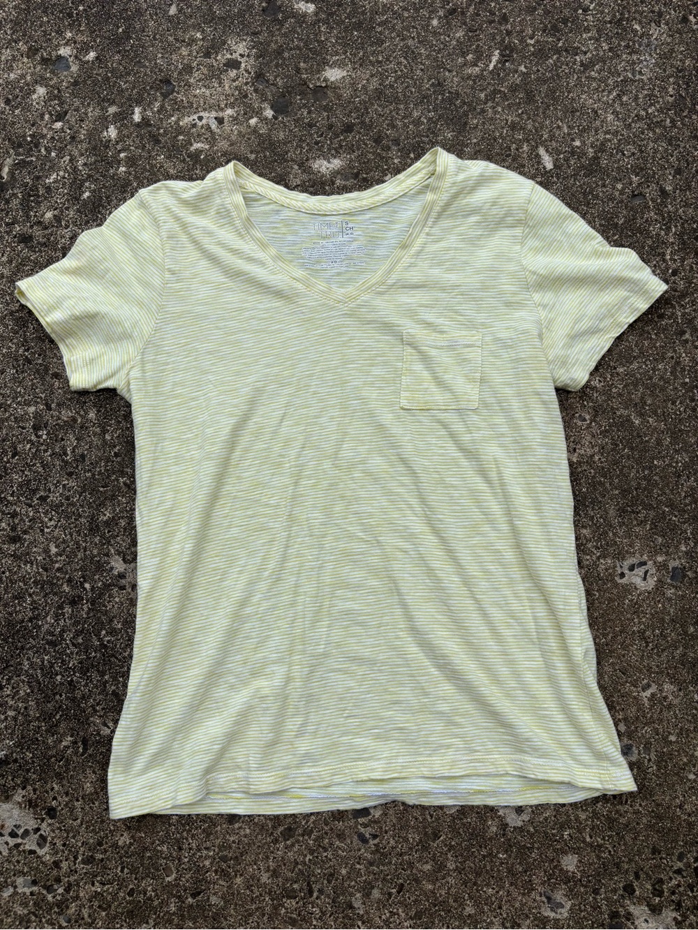Time and Tru Light Yellow Striped V-Neck Pocket Tee